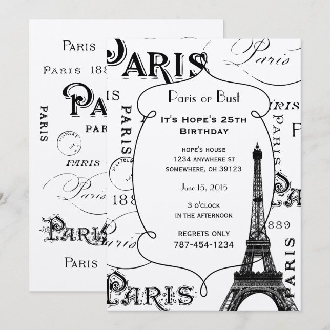 Typography Calligraphy Paris France Eiffel Tower Invitation (Front/Back)