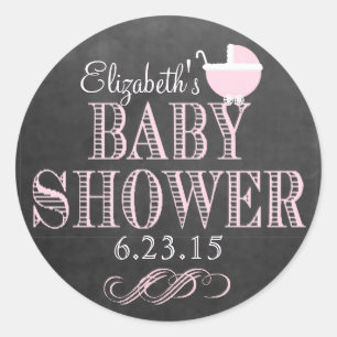 Typography Chalkboard Pink Carriage Baby Shower Classic Round Sticker