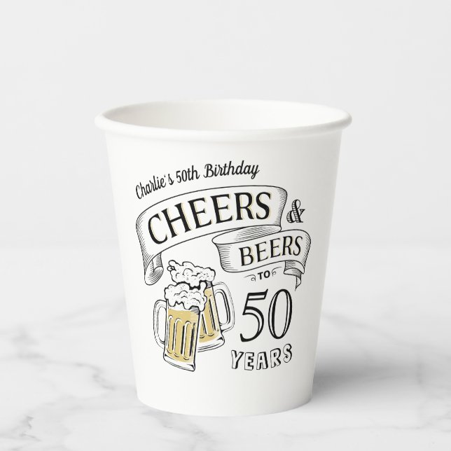 Typography Cheers And Beers Any Age Birthday Paper Cups (Front)