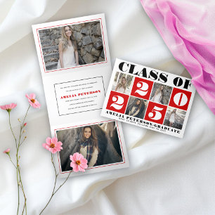 Typography Class of 2025 photo collage red Tri-Fold Announcement