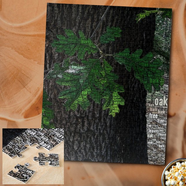 Typography Embedded Word Cloud Tree Leaves & Bark Jigsaw Puzzle (Full puzzle and piece close-up.)