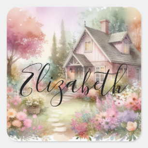 Typography Fall Cottage Floral Watercolor Square Sticker