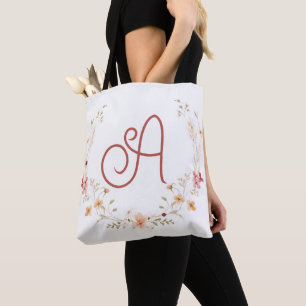 Typography Floral Monogram Initial A Tote Bag