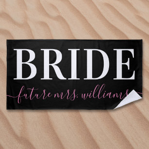 Typography Future Mrs. Name Bride Pink Black Beach Towel