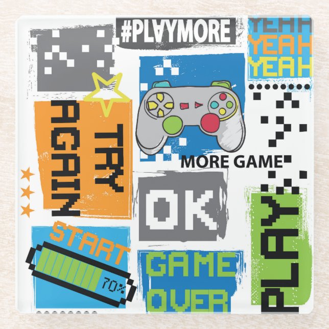 Typography game pixel: playful background. glass coaster (Front)