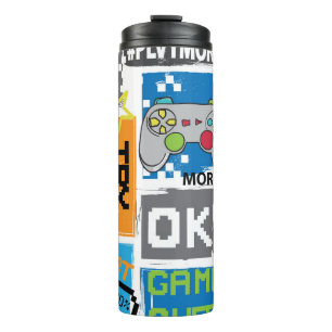 Typography game pixel: playful background. thermal tumbler