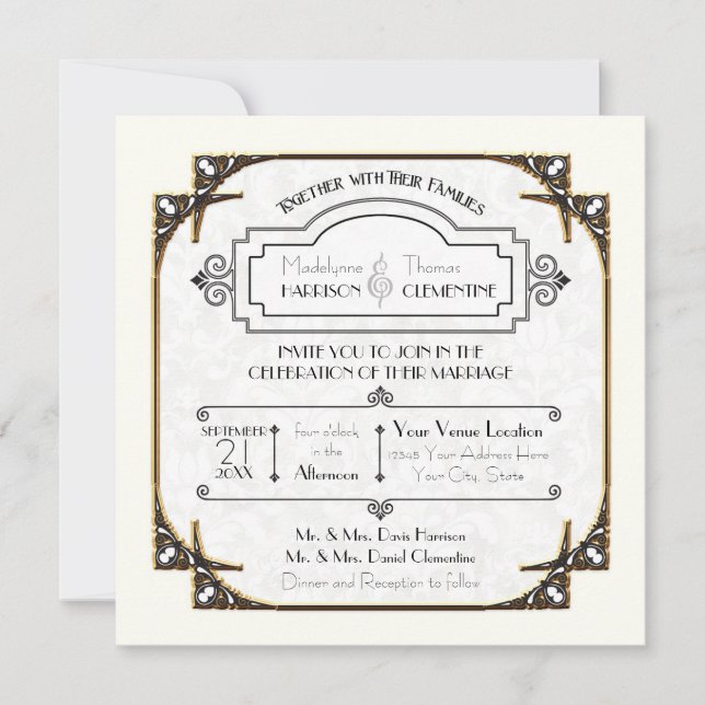 Typography Gold Frame Art Deco Great Gatsby Invite (Front)