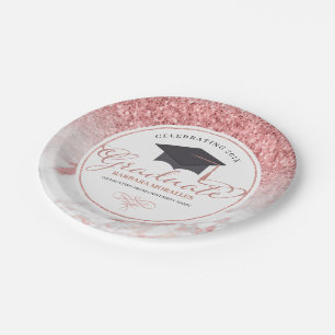 Typography Graduate Rose-Gold Glitter & Marble Paper Plate