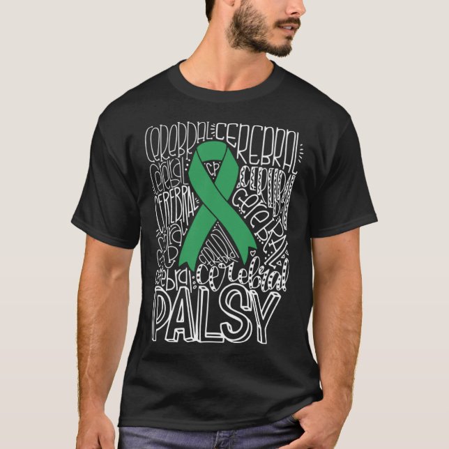 Typography Green Ribbon Cerebral Palsy CP Awarenes T-Shirt (Front)