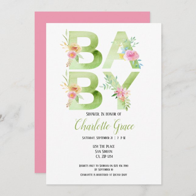 Typography Green Text Pink Flowers Baby Shower Invitation (Front/Back)
