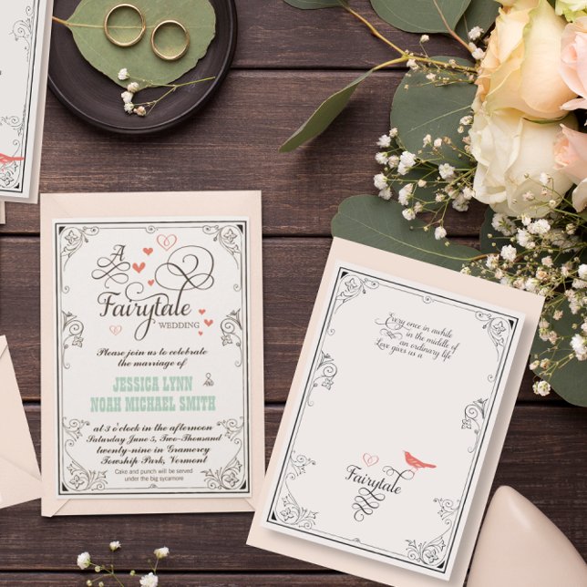 Typography Hearts Mint and Coral FairyTale Wedding Invitation (Creator Uploaded)