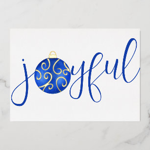 Typography Joyful Blue and White Real Foil Holiday Card