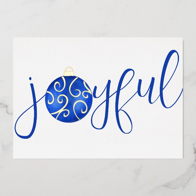 Typography Joyful Blue and White Real Foil Holiday Card (Front)