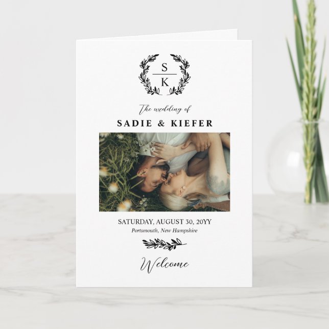 Typography Laurel Wreath Monogram Photo Wedding Program (Front)