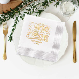 Typography Merry Christmas Family Name Date Foil Napkins