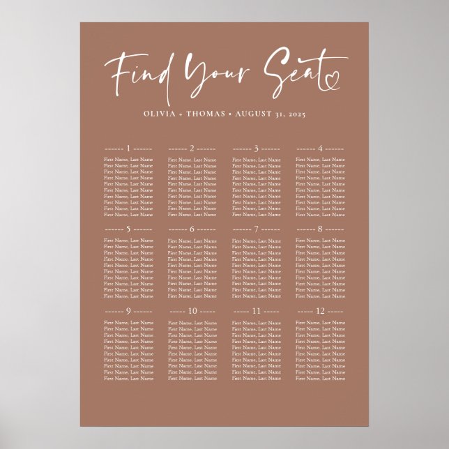 Typography Modern Brown Wedding Seating Chart (Front)
