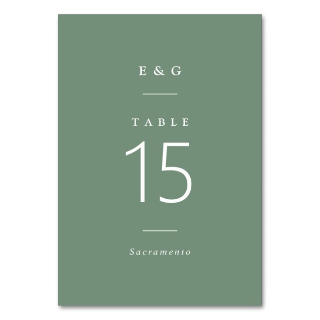 Typography Modern Eucalyptus green Wedding Table Number (Front)