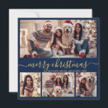 Typography Modern Navy 5 Photo Collage Christmas Holiday Card<br><div class="desc">Modern Minimalist Elegant Calligraphy Navy and Gold 5 Photo Collage Merry Christmas Calligraphy Script Holiday Card. This festive, mimimalist, whimsical holiday card template features pretty four (4) photo collage on front, 1 photo on back side and says „Merry Christmas” greeting text, which is written in a beautiful hand lettering swirly...</div>