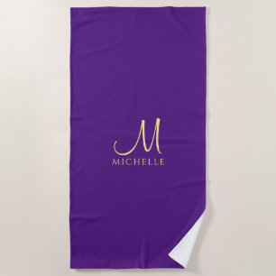 Typography Monogram Name Royal Purple & Gold Beach Towel