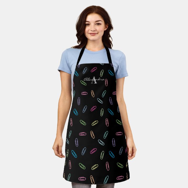 Typography Monogram | Paper Clips Pattern on Black Apron (Worn)