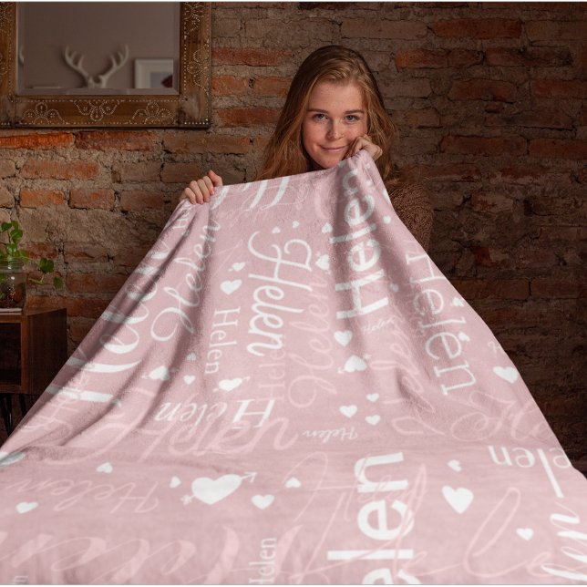 Typography Name and Hearts repeated on Rose Fleece Blanket (Creator Uploaded)
