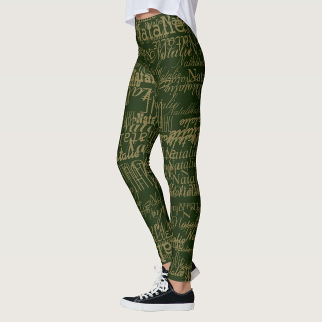 Typography names pattern personalised on green leggings (Left)