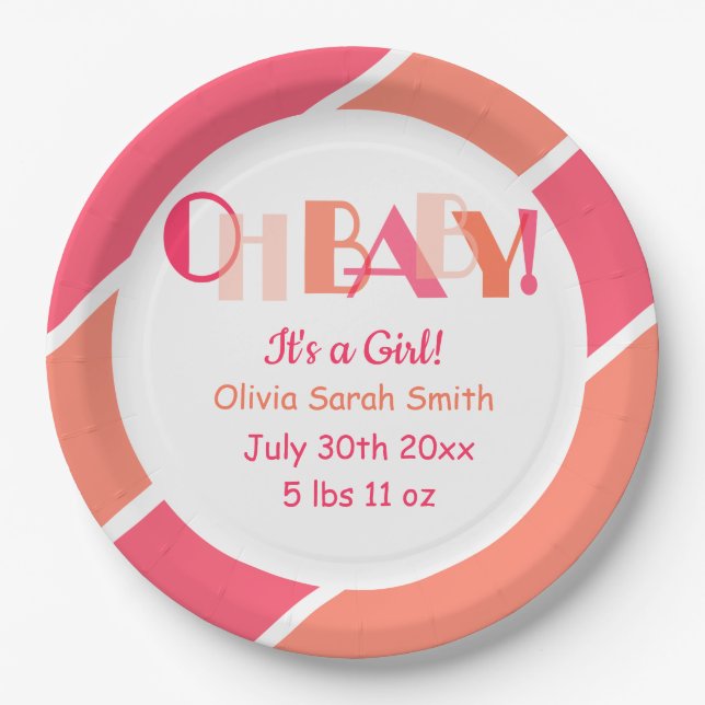 Typography Oh Baby Coral Modern Baby Shower  Paper Plate (Front)