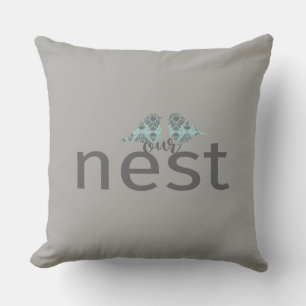 Typography "Our Nest" Grey & Blue Love Birds Cushion