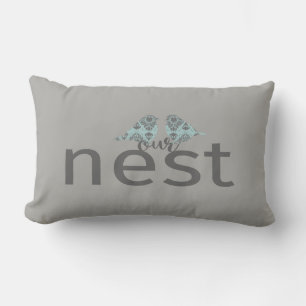 Typography "Our Nest" Grey & Blue Love Birds Lumbar Cushion