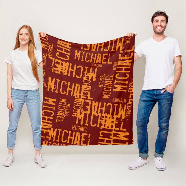 Typography pattern | Orange Name all over dark-red Fleece Blanket (In Situ)