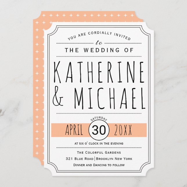 Typography peach inverted corners wedding invitation (Front/Back)