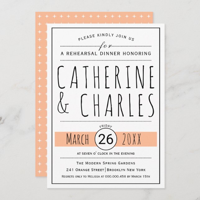 Typography peach wedding rehearsal dinner invitation (Front/Back)