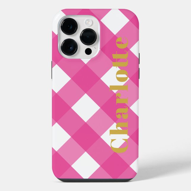 Typography Pink Gingham iPhone Case with Name (Back)