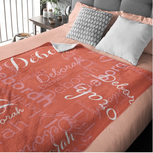 Typography Pink Names on Orange Red Fleece Blanket (Creator Uploaded)