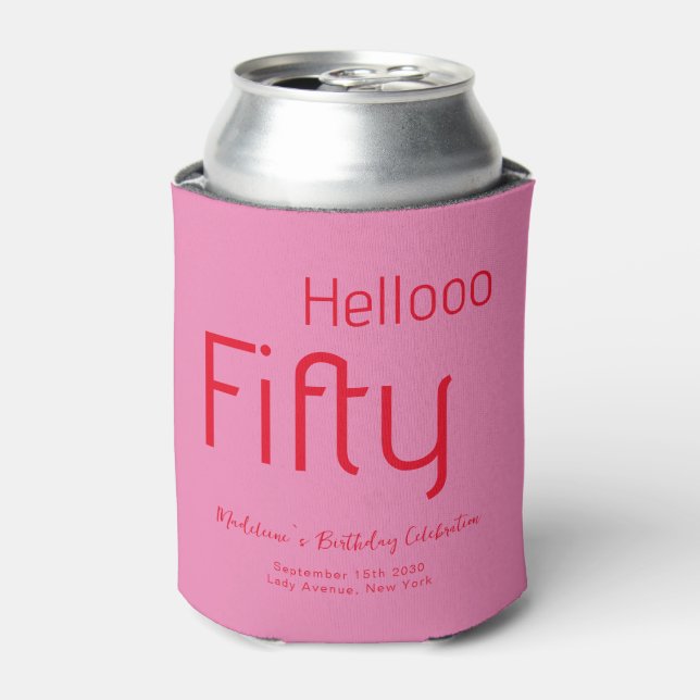 Typography Pink Red Modern 50th Birthday Can Cooler (Can Front)