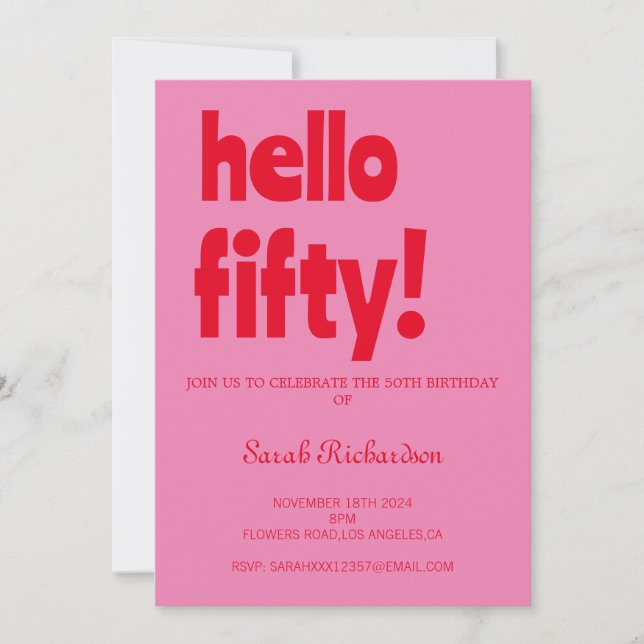 Typography Pink Red Modern 50th Birthday Invitation (Front)