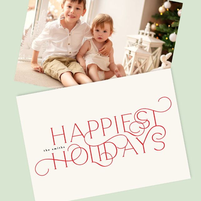 Typography Red Elegant Traditional One Photo Happy Holiday Card (Creator Uploaded)
