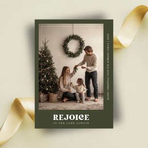 Typography Rejoice Green Religious Christmas Photo Holiday Card