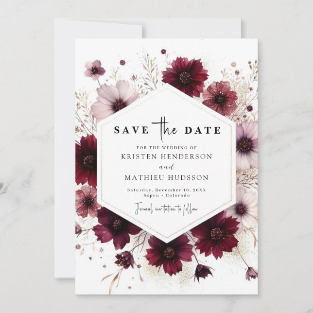 Typography Romantic Burgundy Wedding Save The Date (Front)