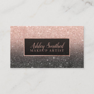 Typography rose gold glitter black ombre makeup business card