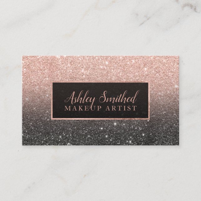 Typography rose gold glitter black ombre makeup business card (Front)