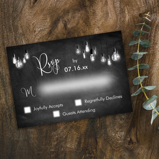 Typography RSVP Edison Lights on Chalkboard Card (Creator Uploaded)