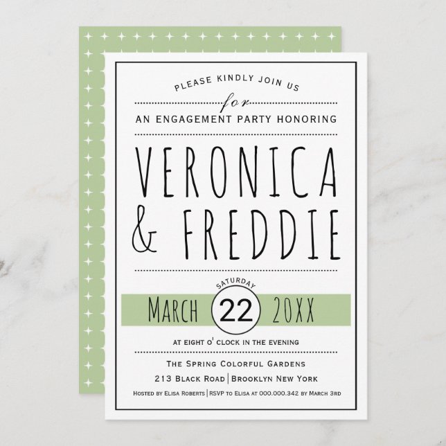 Typography sage green wedding engagement party invitation (Front/Back)