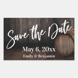 Typography Save the Date Brown Wooden Barrel Rectangular Sticker