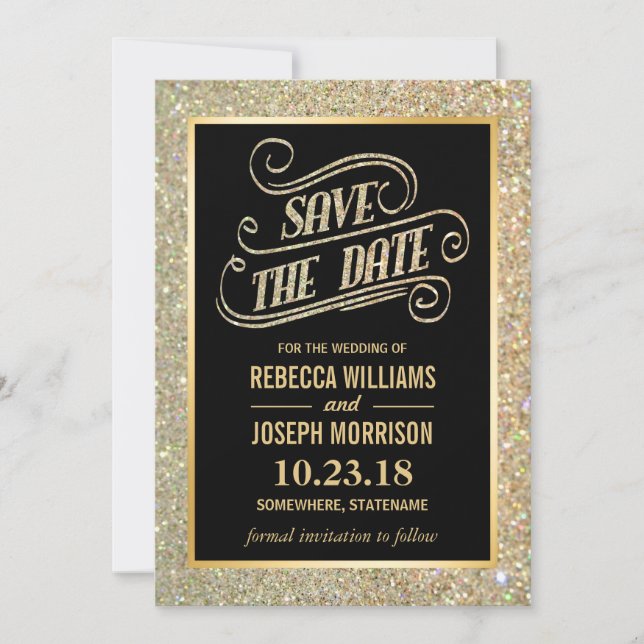 Typography Save the Date Gold Glitter Sparkles (Front)