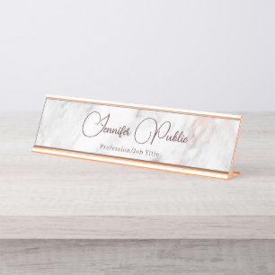 Typography Script Elegant Modern Rose Gold Marble Desk Name Plate