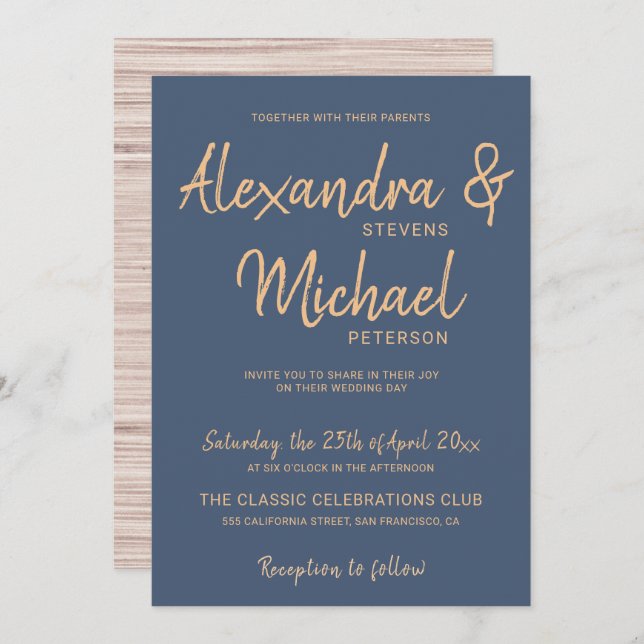 Typography script navy copper modern wedding invitation (Front/Back)