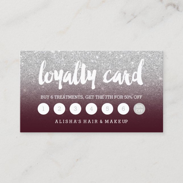 typography silver glitter burgundy loyalty card (Front)