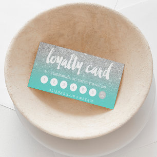 typography silver glitter turquoise loyalty card