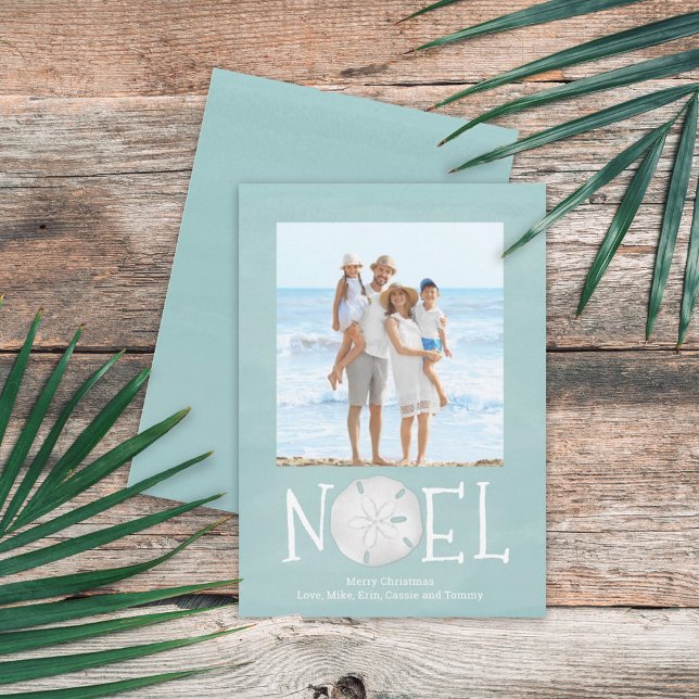 Typography Simple Custom Noel Beach Turquoise  Holiday Card (Christmas Holiday Noel Creative Typography Beach Photo Card with a single-photo template.)